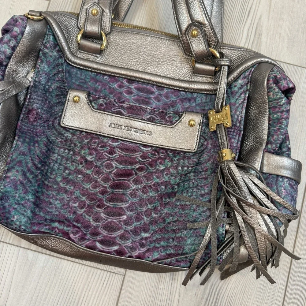 Aimee Kestenberg Animal Print Purple Blue Shoulder Hobo Bag Purse‎ Tassel Silver